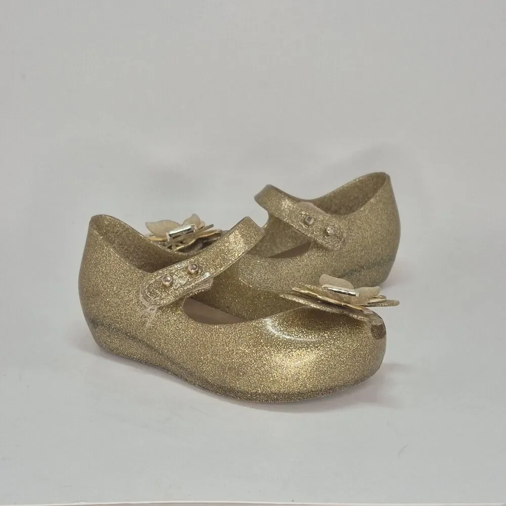 Mini Melissa Girls Peep Toe Gold Glitter Butterfly Jelly Flat 6